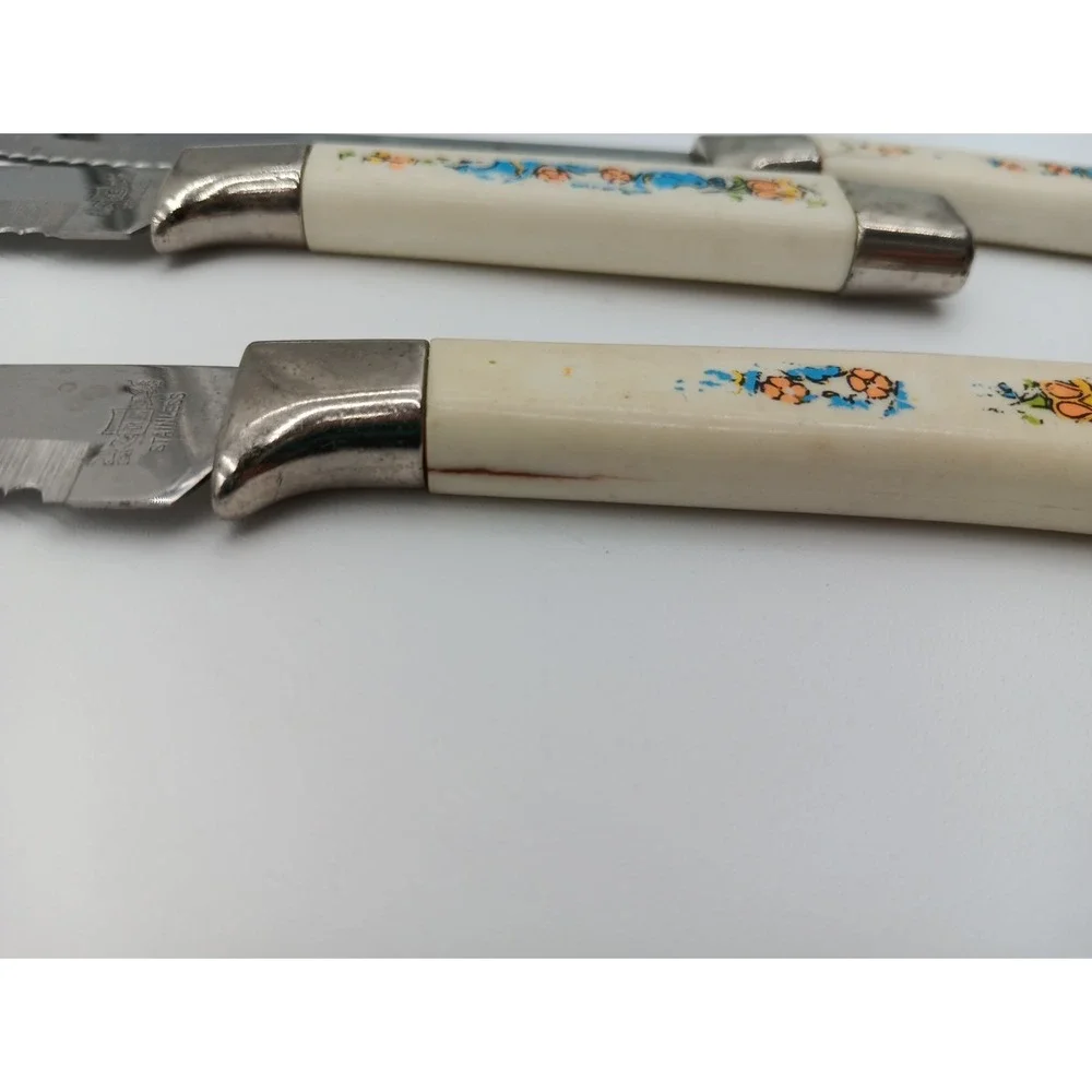 6 VTG Steak Knives Plastic Handle‎ Blue Bird Orange Stainless